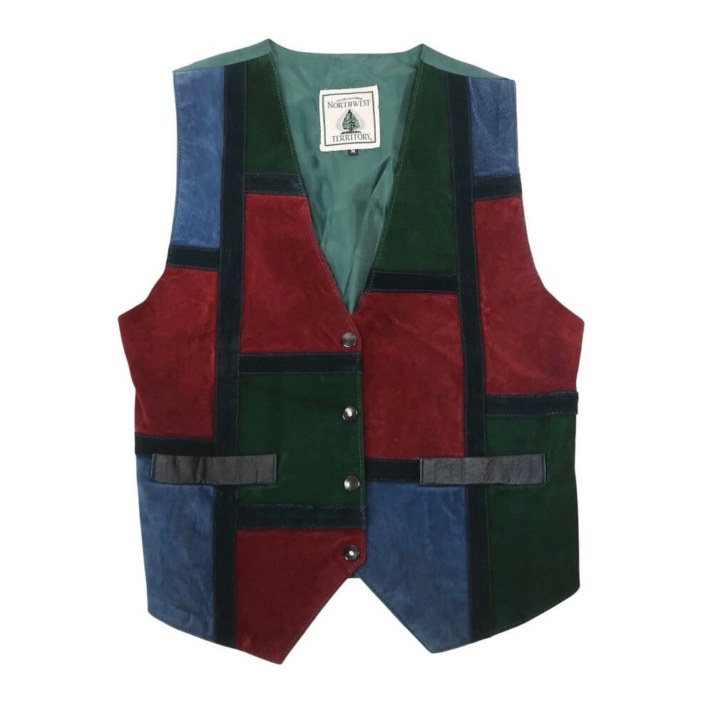 Vintage 90s Northwest Territory Dark Green Burgundy Suede Patchwork Vest M